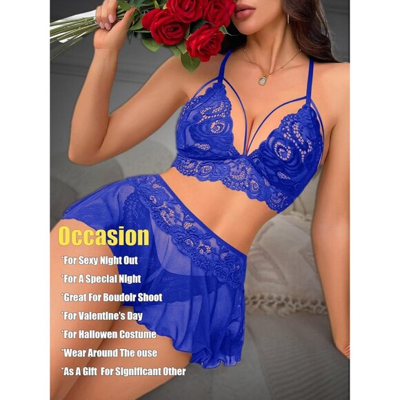 Sexy Blue Lingerie for Women 3 Piece Lace Bra Panty Set Strappy Lingerie Skirt - Picture 5 of 6